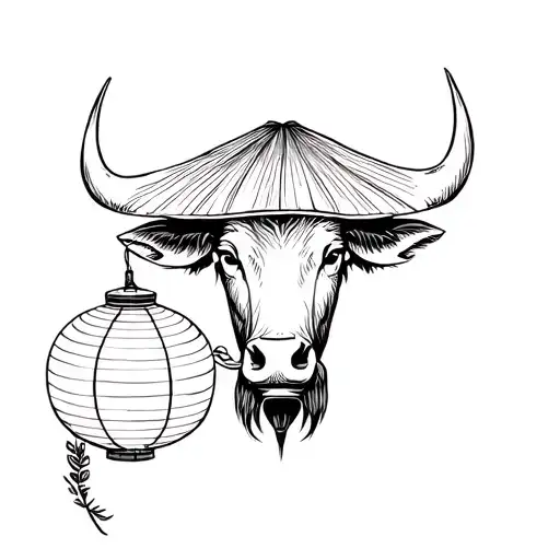 Asian water buffalo head wearing a traditional Vietnamese leaf hat and holding a hoa dang lantern in its mouth tattoo design idea