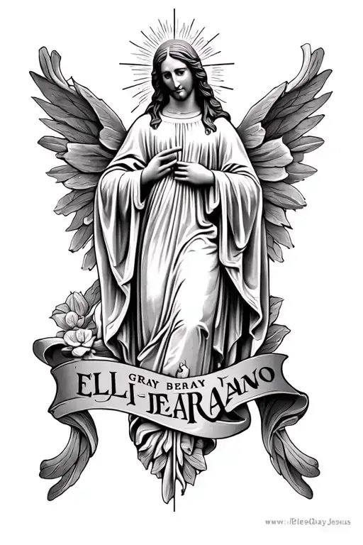 "Ellie gray Bejarano Jesus " "Ellie gray Bejarano " "Ellie gray Bejarano "  Virgin Mary banner tattoo design idea