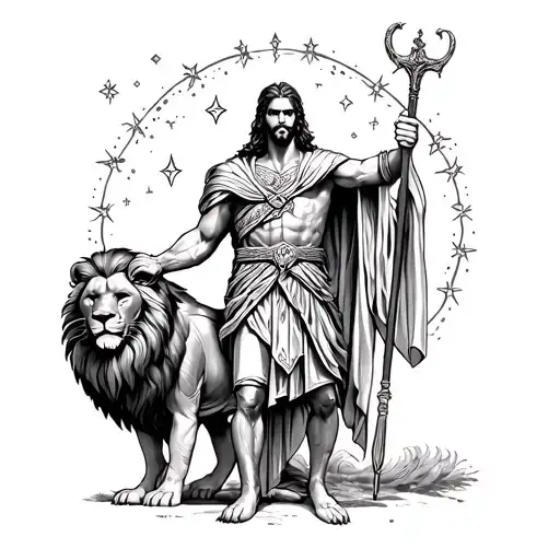 Orion the Hunter in Greek mythology, black and white fine-line tattoo, holding a club and lion pelt, stars and constella tattoo design idea