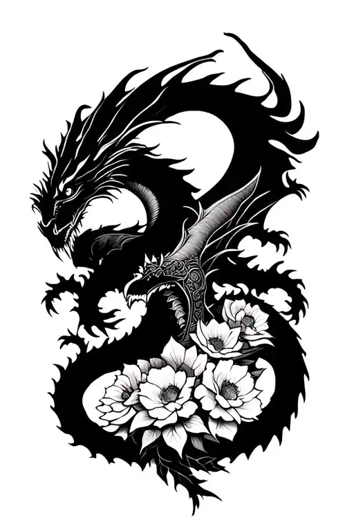 knight fighting dragon surrounded by flowers blooming tattoo design idea
