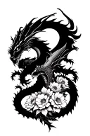knight fighting dragon surrounded by flowers blooming tattoo design idea