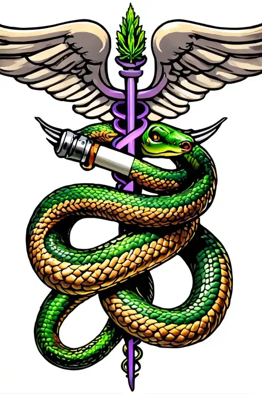 "Medical" Caduceus symbol with realistic weed smoking snakes that wrap around a joint. a green prurple bud on top tattoo design idea