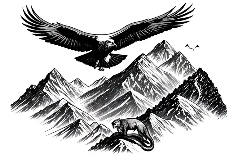 mountain range with coca leaves and a condor perched on a peak and a mountain lion climbing and a snake tattoo design idea