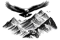 mountain range with coca leaves and a condor perched on a peak and a mountain lion climbing and a snake tattoo design idea
