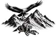 mountain range with coca leaves and a condor perched on a peak and a mountain lion climbing and a snake tattoo design idea