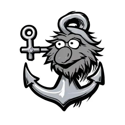 the muppet Beaker holding an anchor in a black and white line tattoo design tattoo design idea