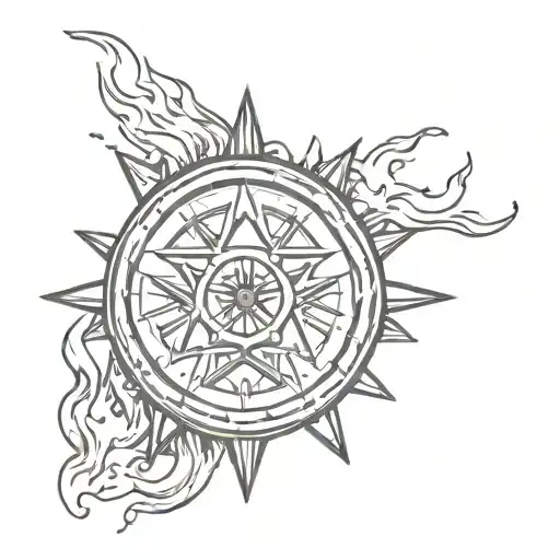 Wagon wheel compass on fire on top dripping teardrops off the bottom ,Surrounded be 2 stars of David or merkabas  tattoo design idea