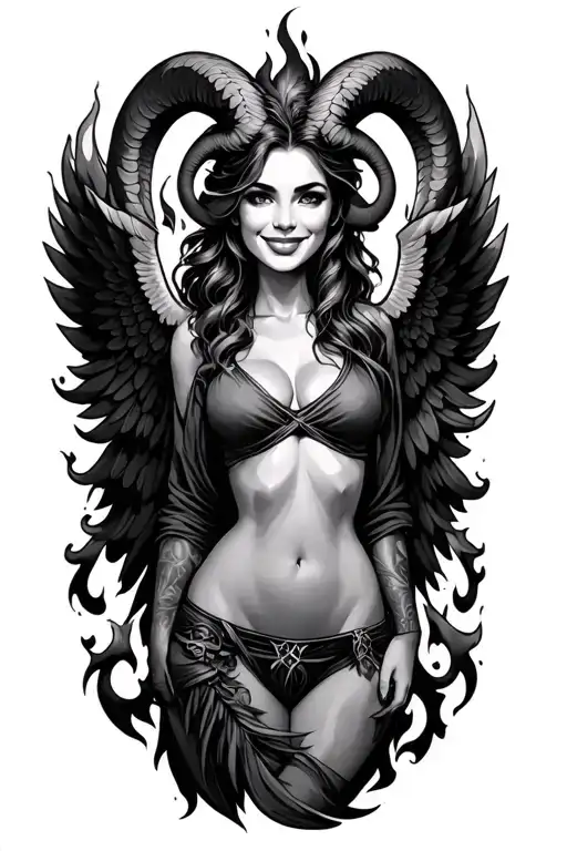 aries zodiac sign sexy smiling female wings fire surrounded tattoo design idea