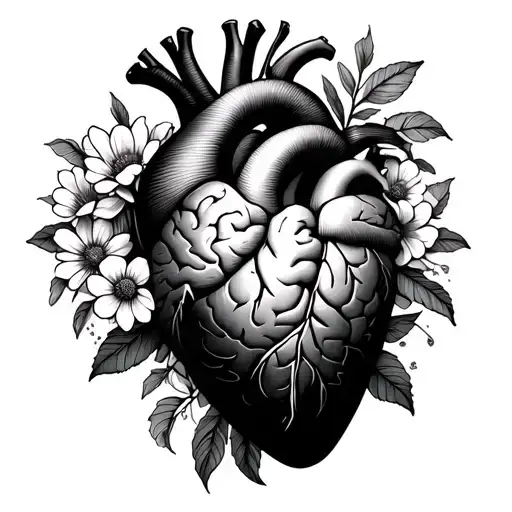Brain vs. human heart with flowers tattoo design idea