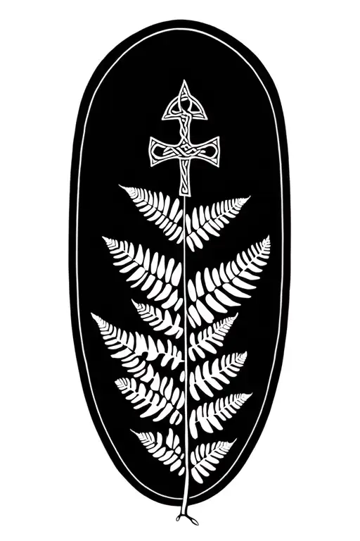 all black fern plant intertwined with celtic cross tattoo design idea