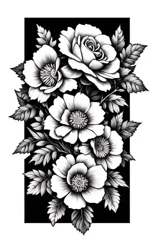 violets, roses, aster, and larkspur flowers intertwined tattoo design idea