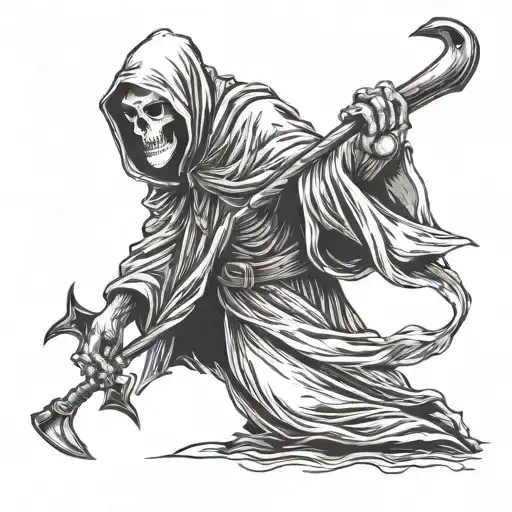 I want a grim reaper whose just killed a clown, hold the clown's head and on his other hand holding a scythe. Make it wi tattoo design idea