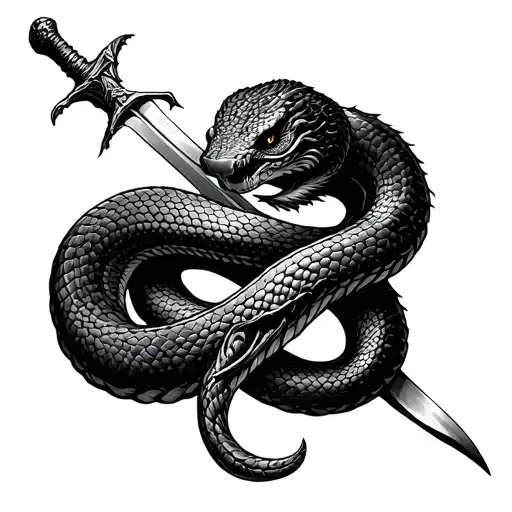 sleeping snake coiled around a sword tattoo design idea