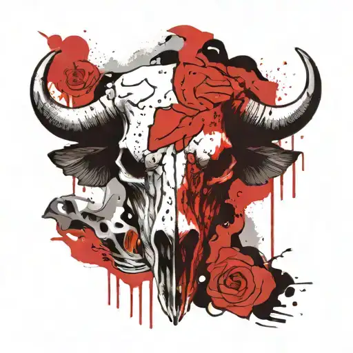 cape buffalo skull with african background black and white tattoo design idea