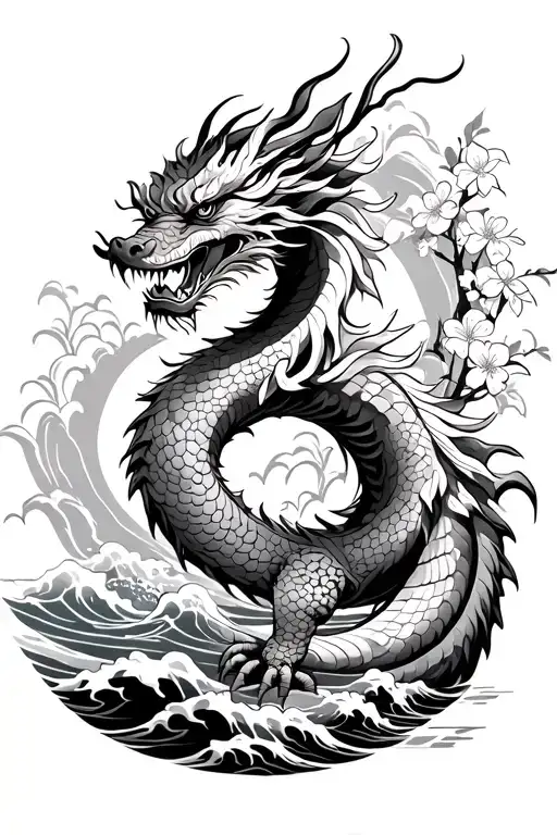 Chinese dragon with arams and legs with waves crashing in the background with cherry blossoms blooming tattoo design idea