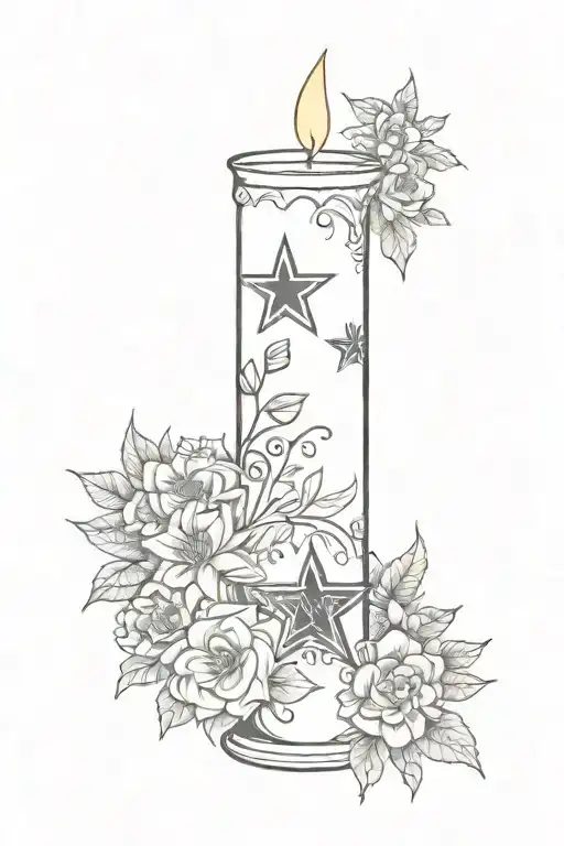 A black and grey design of a memorial candle with the Dallas Cowboys star logo carved into the wax, surrounded by delicate floral accents and a subtle nod to Bud Light beer tattoo design idea