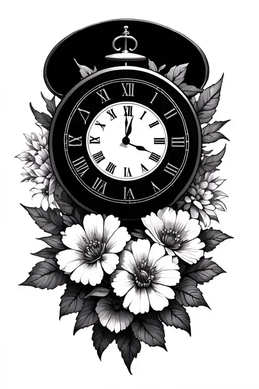 California, clock face, flowers tattoo design idea