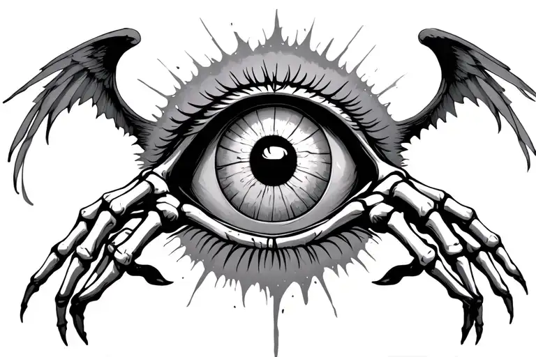 Demonic Eye with skeleton hands for wings spread wide tattoo design idea