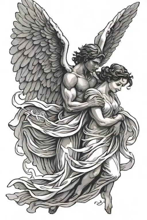 Dark Male Angel Carrying a woman dressed tattoo design idea