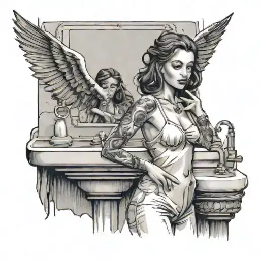 Create a tattoo design depicting a young woman in a bathroom, standing by a sink. She is leaning slightly, with subtle h tattoo design idea