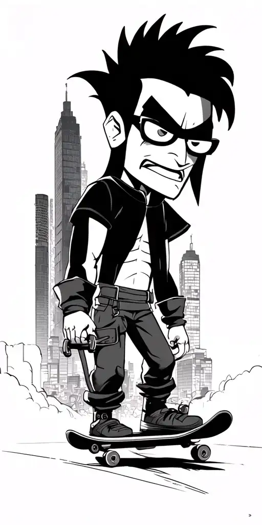 full arm on samurai jack's art style tattoo on modern city with apu of background and jack on a skateboard  tattoo design idea