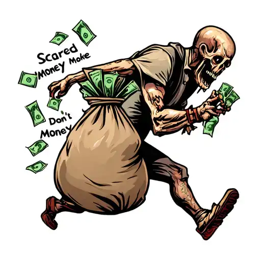 "Scared Money don’t make Money " money bag running away. also can the money bag get chased by a zombie carrying moneybags.  tattoo design idea