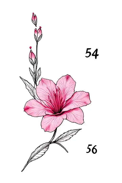 Disty me a tattoo of fine lines and in black stroke of a pink azalea, with numbers 54 and 56 handwritten tattoo design idea