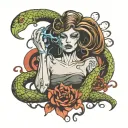clutch tank, grabbing a medusa head by her snake hairs tattoo design idea