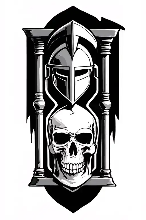 hourglass with spartan helmet in the tope and a skull in the bottom, tattoo design idea