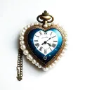 A heart-shaped pocket watch with a white pearl trim, pointing to midnight 0 o'clock. tattoo design idea