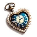 A heart-shaped pocket watch with a white pearl trim, pointing to midnight 0 o'clock. tattoo design idea