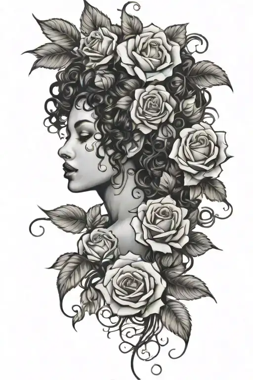 woman with curly hair. body wrapped in rose vines and thorns wrapped tattoo design idea