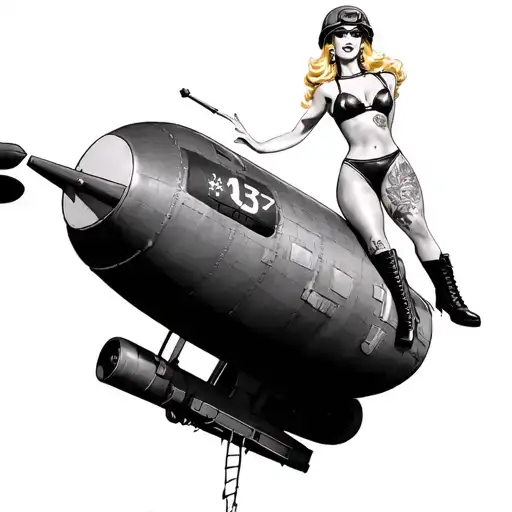 sailor Jerry style pinup girl posing on a US WWII missile, bikini, combat boots, US army helmet with goggles, blonde tattoo design idea
