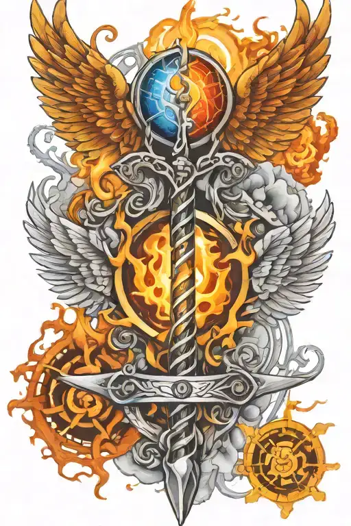 caduceus intertwined with Dna and double edge sword on fire with chakra colour and 3rd eye tattoo design idea