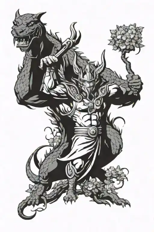 thor on the right chinese dragon in the middle and anubis on right with sakura trees on the bottom  tattoo design idea