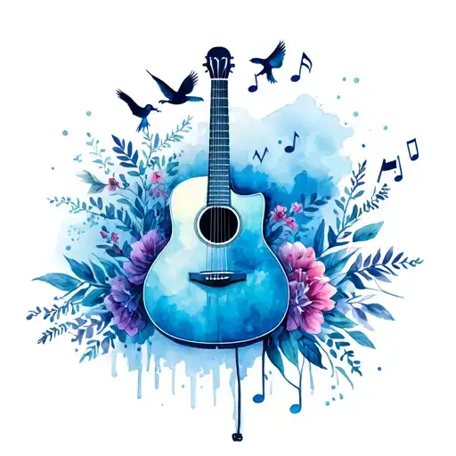 acoustic guitar with microphone and music notes, birds and flowers tattoo design idea