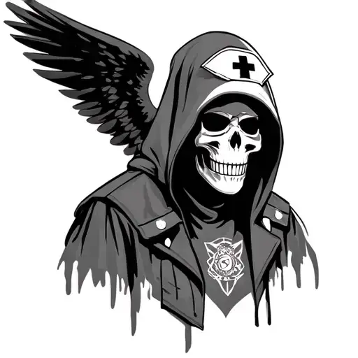 Angel of death, hooded hanya mask, Nurse, police officer, tribal, success and pain tattoo design idea
