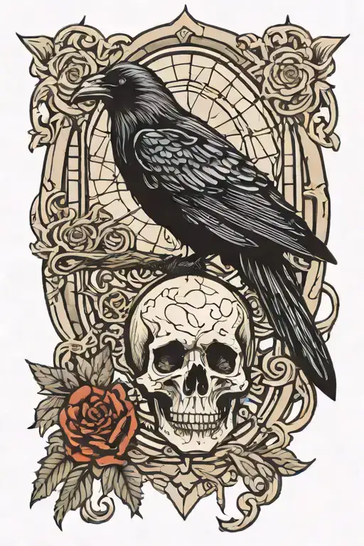 Raven on skull church window tattoo design idea