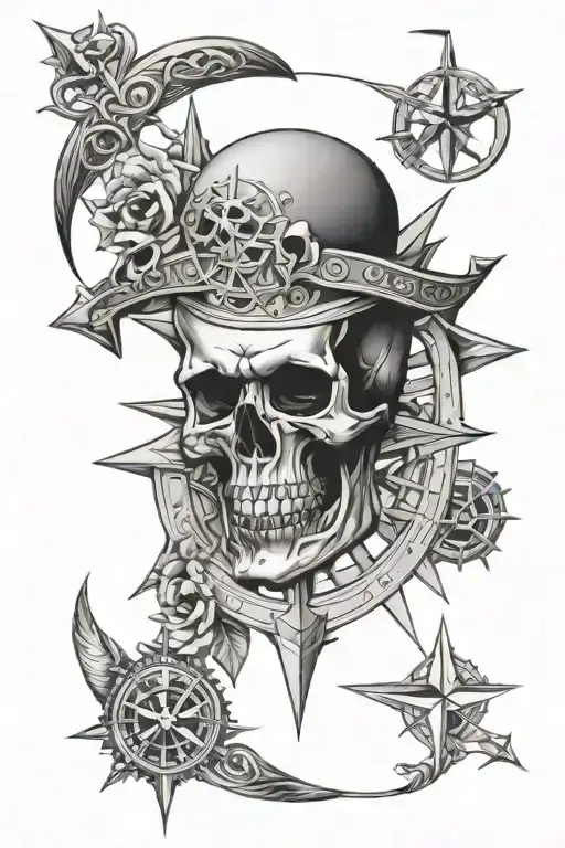 skull and compass rose intertwined tattoo design idea