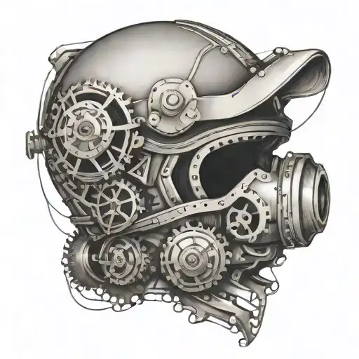 Create a dynamic tattoo of a racing helmet with gears and pistons tattoo design idea