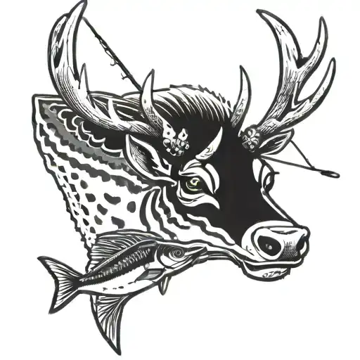 a black and white tattoo of a buck holding a fishing rod catching a tuna tattoo design idea