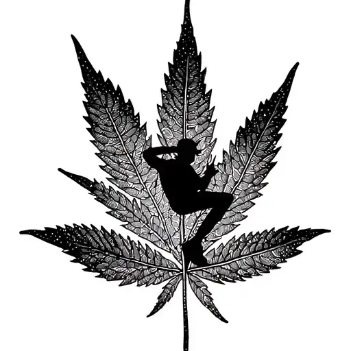 Minimalist line art of a climber on a stylized cannabis leaf with bouldering holds, abstract human figure, dotwork shad tattoo design idea