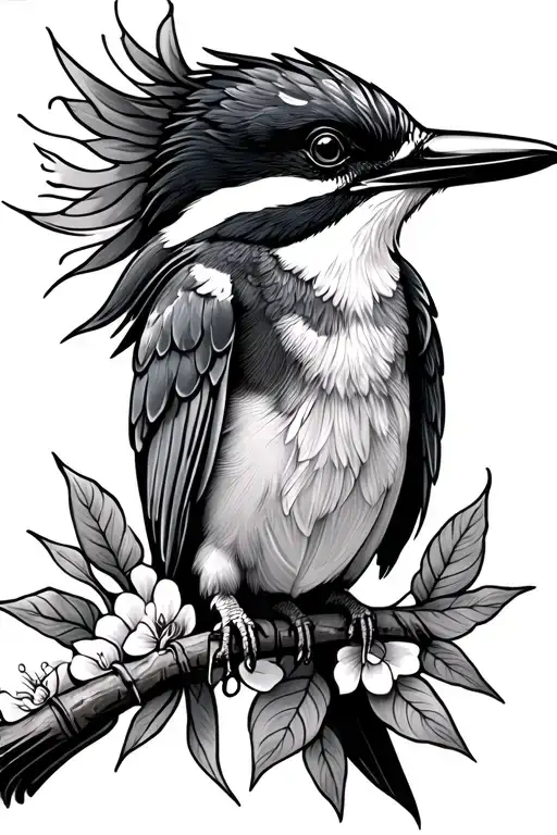 black and white neo traditional kingfisher  tattoo design idea