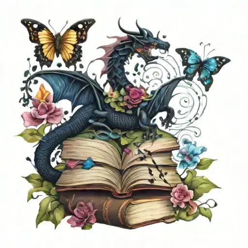 stack of open books with black dragon, stars,  butterflies, vines and flowers swirling around in dark jewel tone colors tattoo design idea