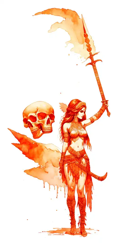 sexy Aztec girl warrior woman holding a sword, skull behind her tattoo design idea