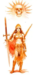 sexy Aztec girl warrior woman holding a sword, skull behind her tattoo design idea