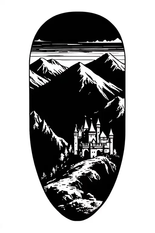 army engineer castle overlooking mountains tattoo design idea