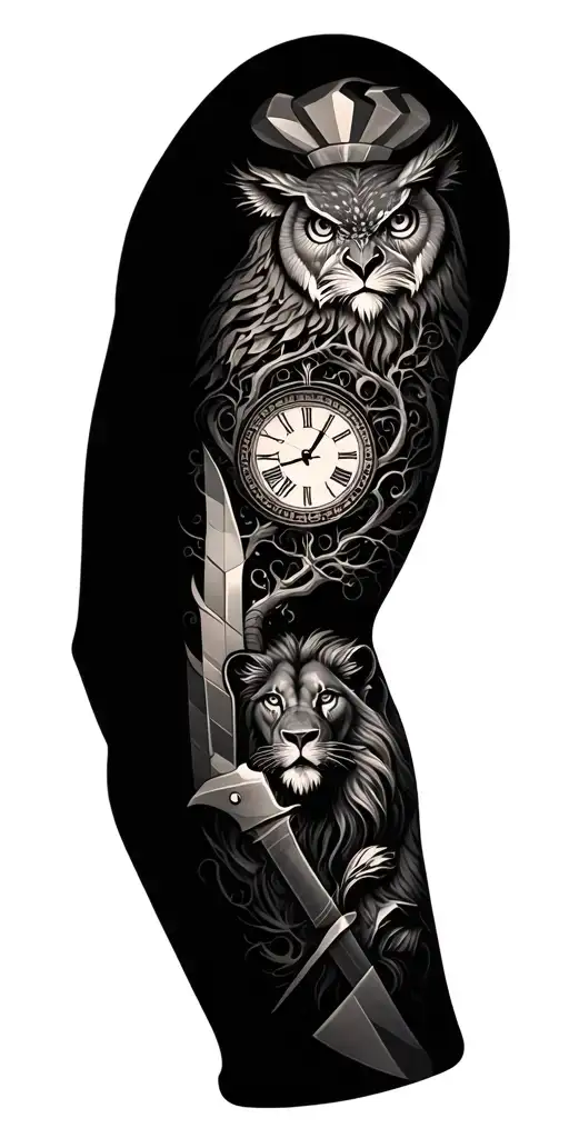 geometric right arm sleeve consisting of lion, owl, chef knife, tree of life, clock individually tattoo design idea