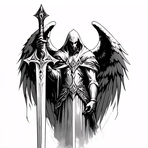 a tattoo about this: arc angel tyrael (diablo saga) holding the frostmourne sword (world of warcraft saga) tattoo design idea