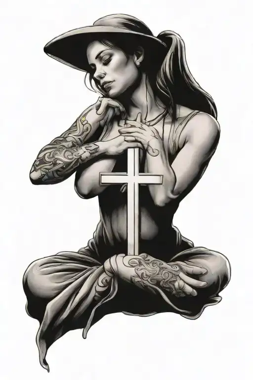 woman praying with cross necklace tattoo design idea